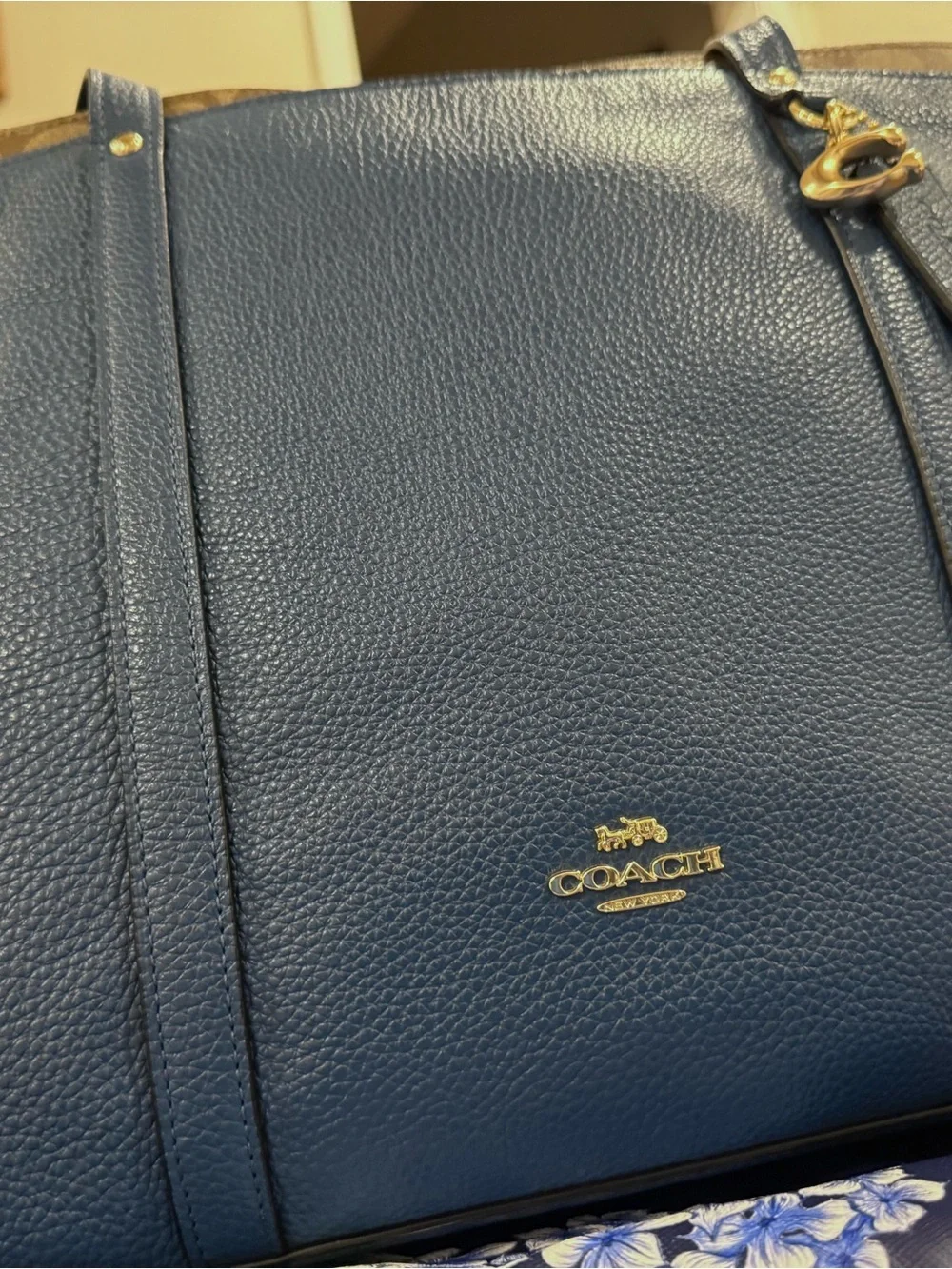Coach Blue Pebbled Leather Tote with Signature Trim